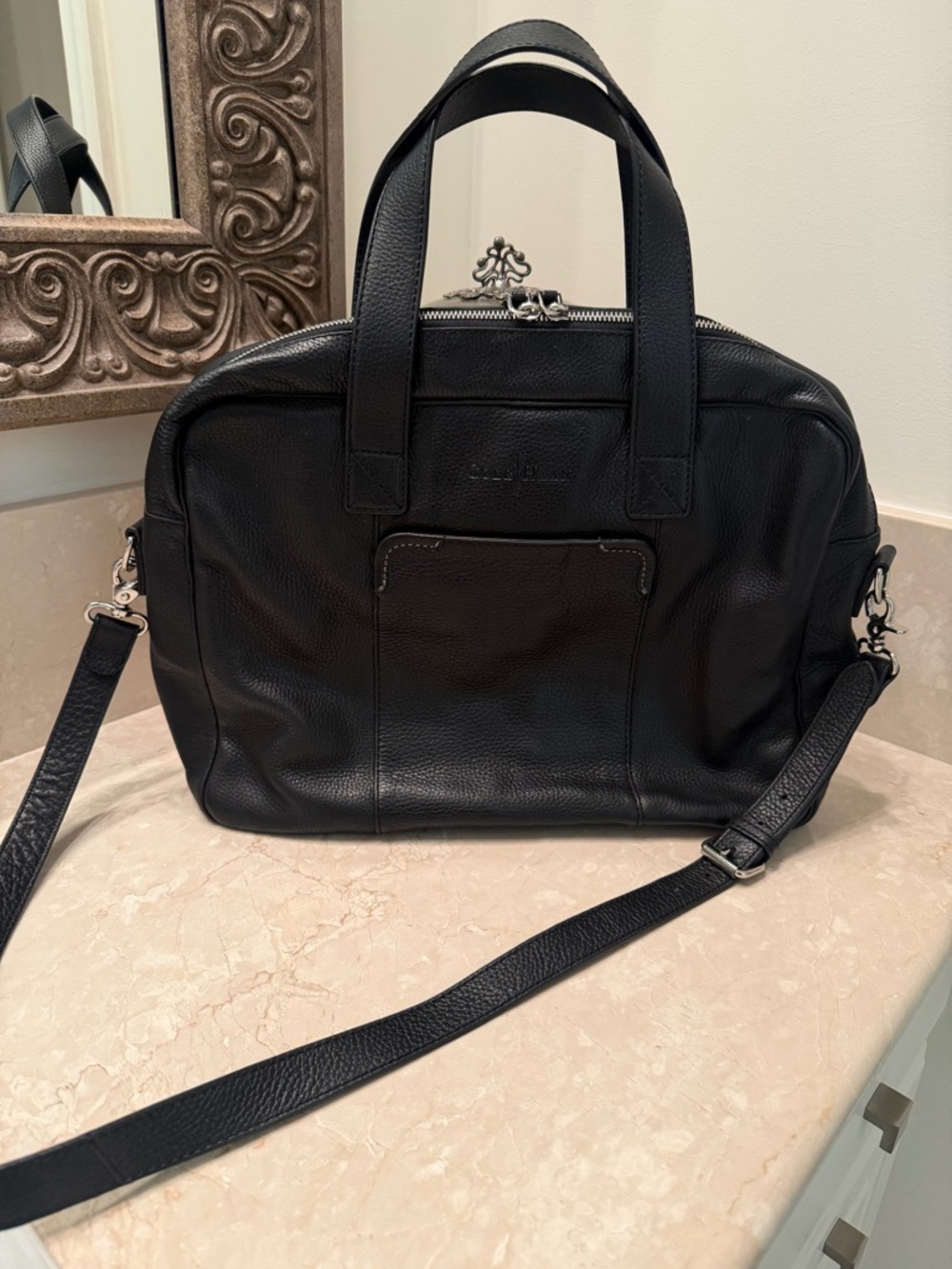 Cole Haan Black Leather Briefcase Work Bag with Shoulder Strap. New.